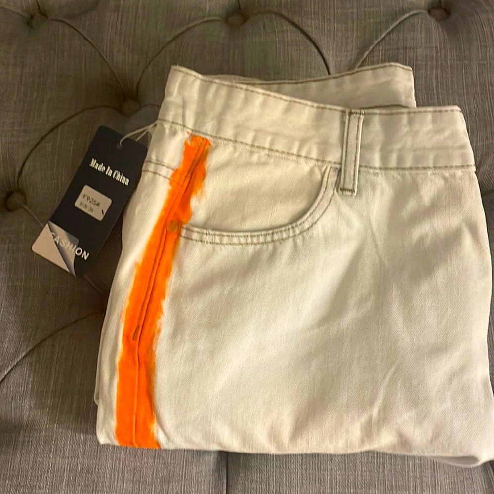 Size 36 Fashion. Grey/white jeans with orange sides.